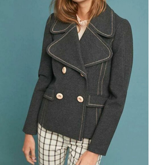 Anthropologie Jacket Peacoat Womens 2 Gray Cropped Blazer Contrast Trim Relaxed - Picture 10 of 13